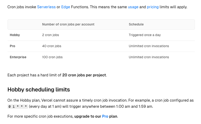 Screenshot of Vercel cron job limits