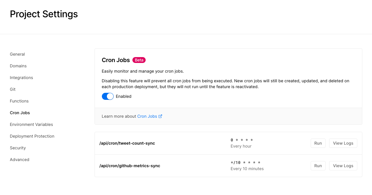 Screen shot of Vercel Dashboard with Cron Job Menu